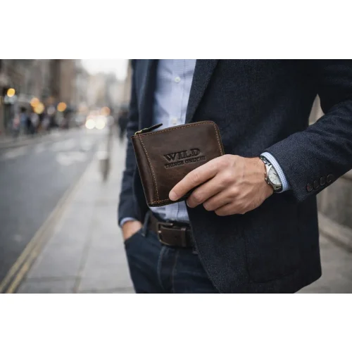 mężczyzna z brązowym portfelem skórzanym WILD 702 / man holding WILD 702 brown leather wallet